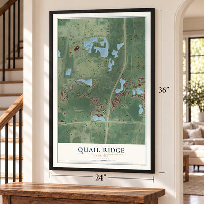 Quail Ridge, Florida map, 24 x 36 inch print in a black frame by a staircase