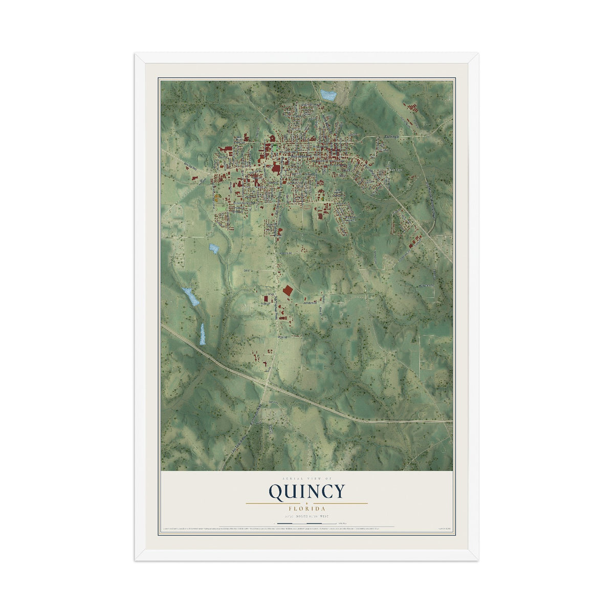 Quincy, Florida map print, 12" x 18" W/ White Ayous Wood Frame mockup