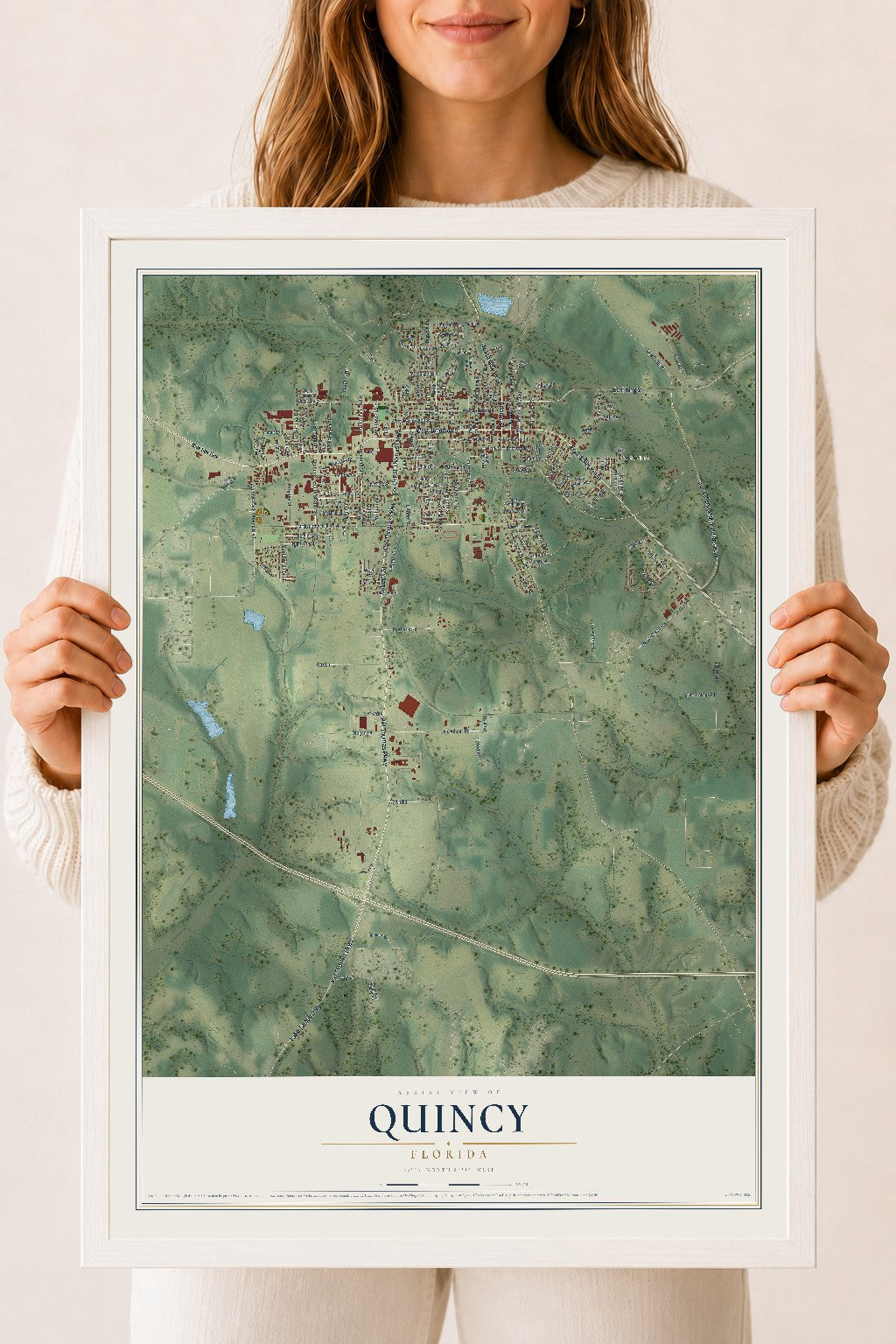 Quincy, Florida map print, 18" x 24" W/ White Ayous Wood Frame mockup