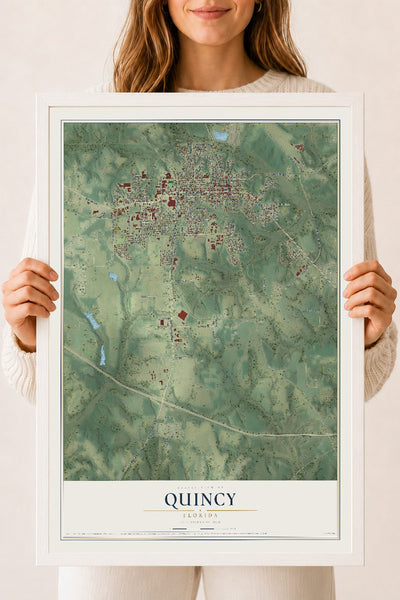 Quincy, Florida map print, 18" x 24" W/ White Ayous Wood Frame mockup