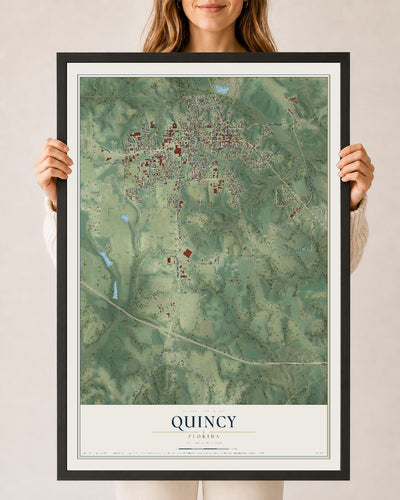Quincy, Florida map print, 24" x 36" W/ Black Ayous Wood Frame mockup