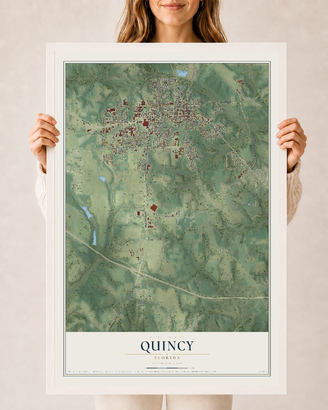 Quincy, Florida map print, 24" x 36" W/ White Ayous Wood Frame mockup