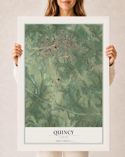 Quincy, Florida map print, 24" x 36" W/ White Ayous Wood Frame mockup