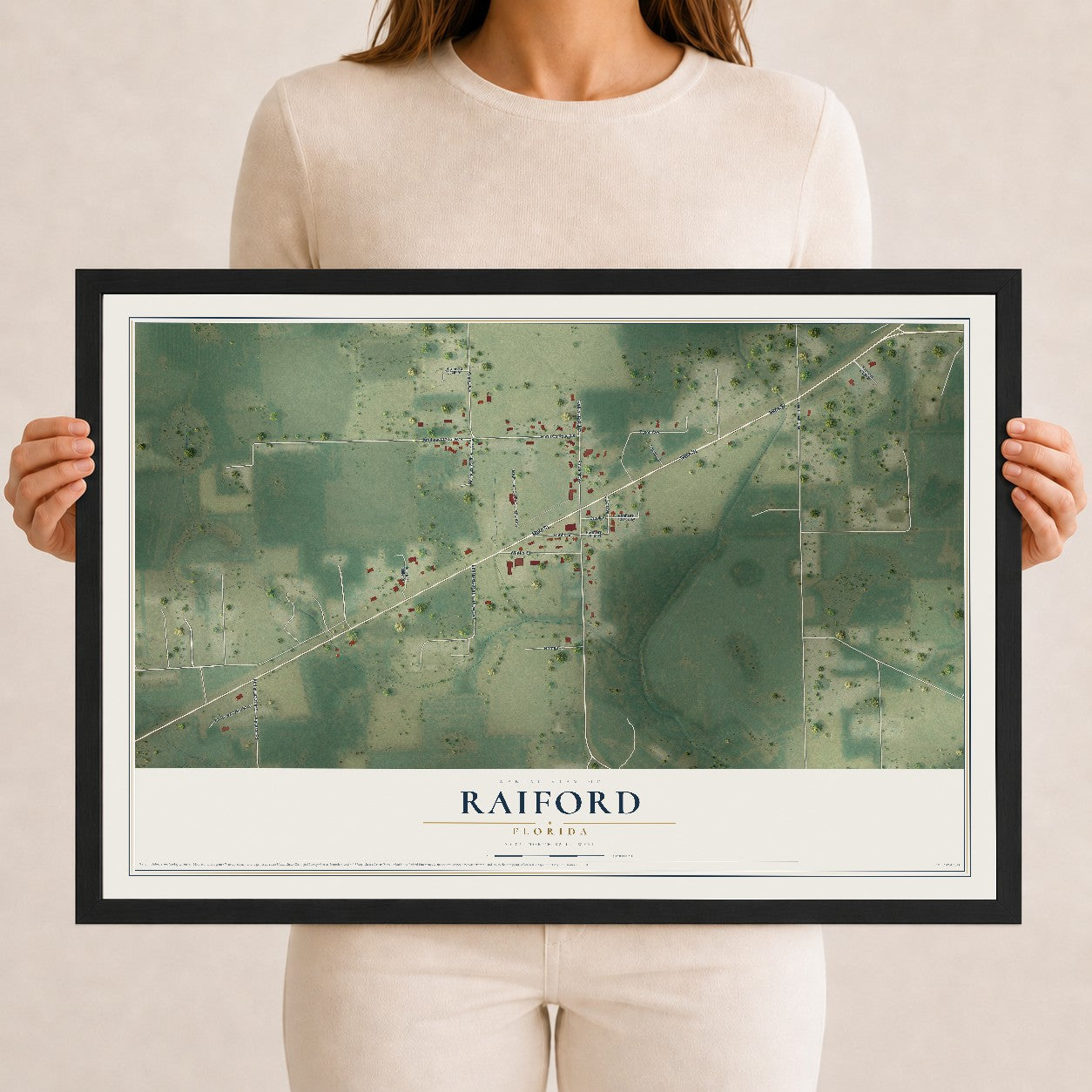 Raiford, Florida map print, 12" x 18" W/ Black Ayous Wood Frame mockup