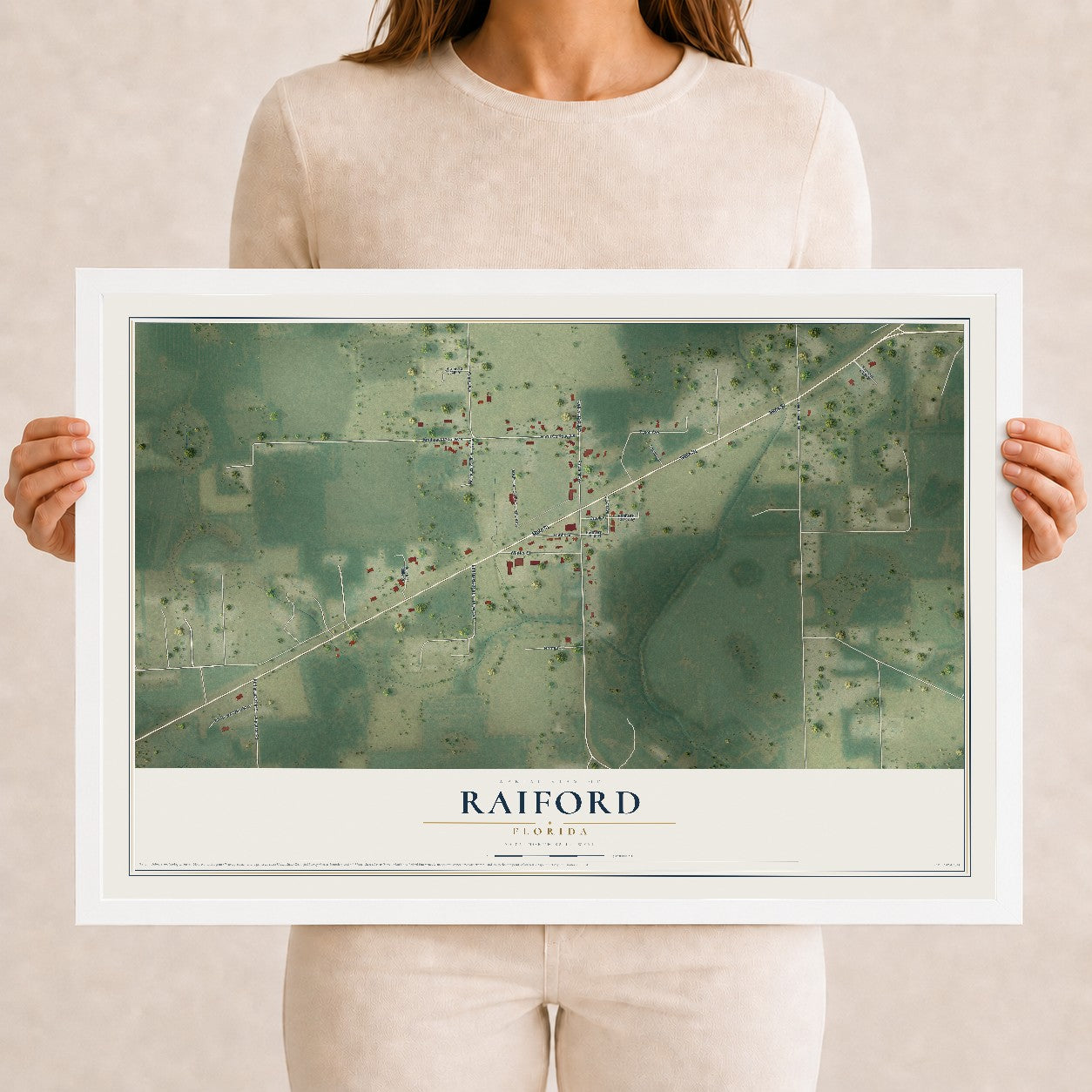 Raiford, Florida map print, 12" x 18" W/ White Ayous Wood Frame mockup
