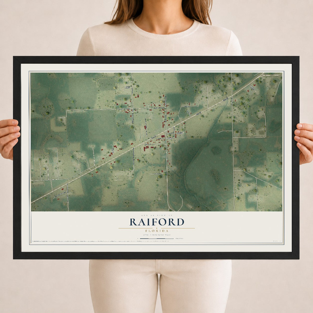 Raiford, Florida map print, 18" x 24" W/ Black Ayous Wood Frame mockup