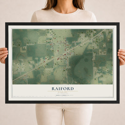 Raiford, Florida map print, 18" x 24" W/ Black Ayous Wood Frame mockup
