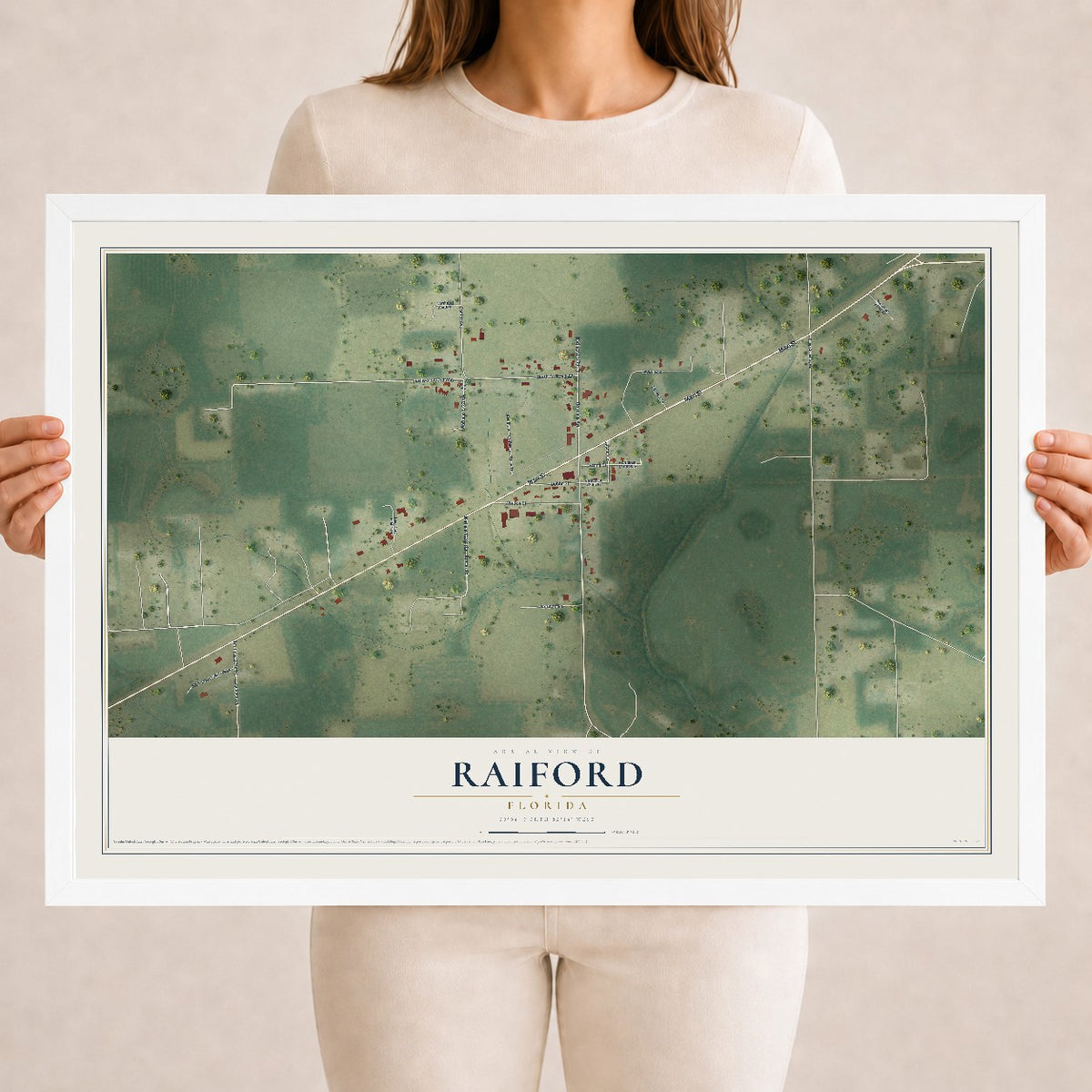 Raiford, Florida map print, 18" x 24" W/ White Ayous Wood Frame mockup