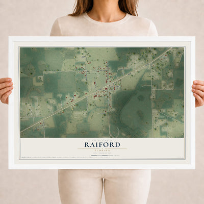 Raiford, Florida map print, 18" x 24" W/ White Ayous Wood Frame mockup