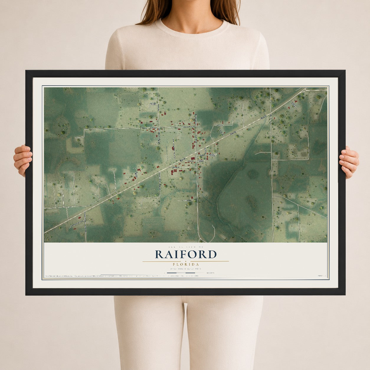 Raiford, Florida map print, 24" x 36" W/ Black Ayous Wood Frame mockup