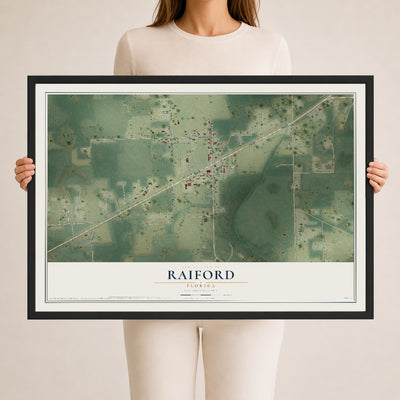 Raiford, Florida map print, 24" x 36" W/ Black Ayous Wood Frame mockup