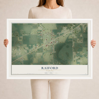 Raiford, Florida map print, 24" x 36" W/ White Ayous Wood Frame mockup