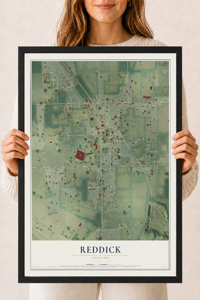 Reddick, Florida map print, 18" x 24" W/ Black Ayous Wood Frame mockup