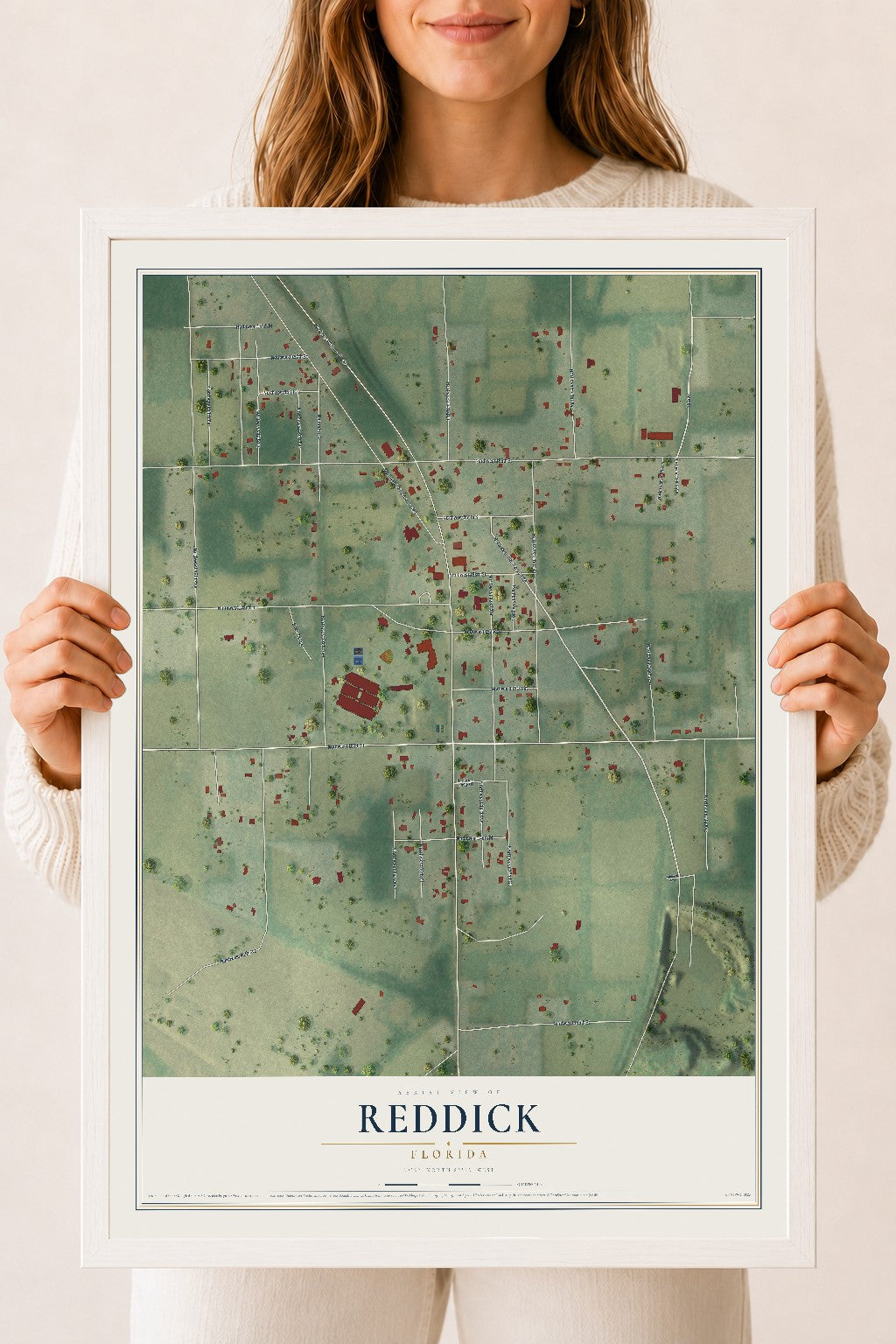 Reddick, Florida map print, 18" x 24" W/ White Ayous Wood Frame mockup