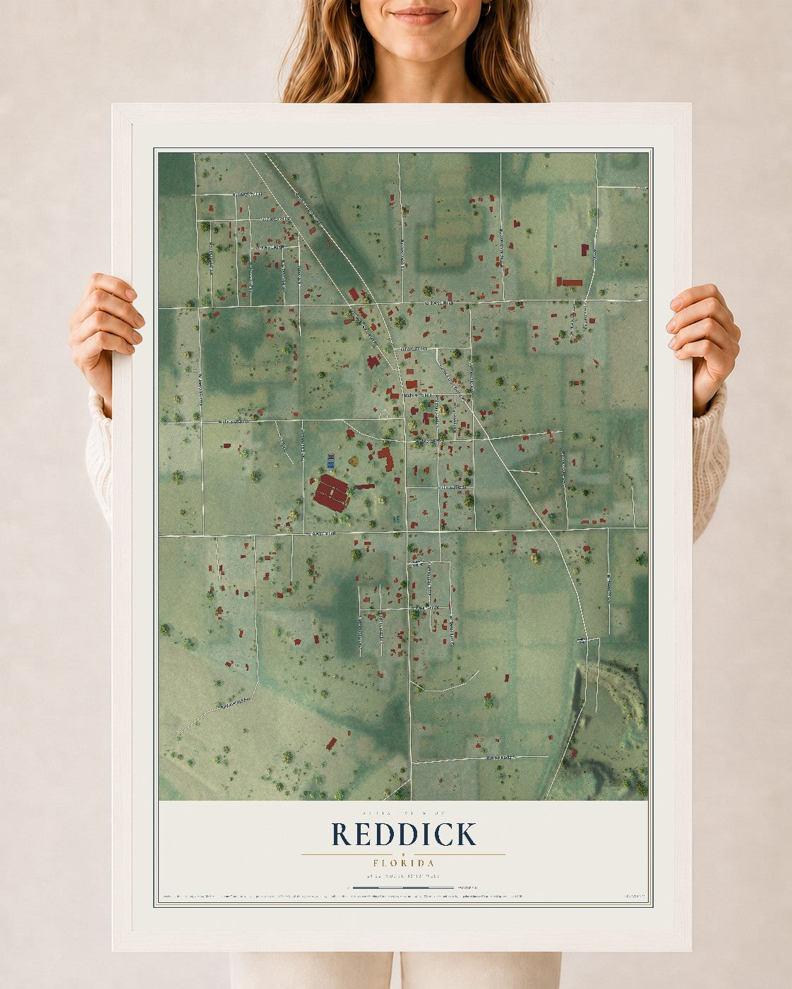 Reddick, Florida map print, 24" x 36" W/ White Ayous Wood Frame mockup