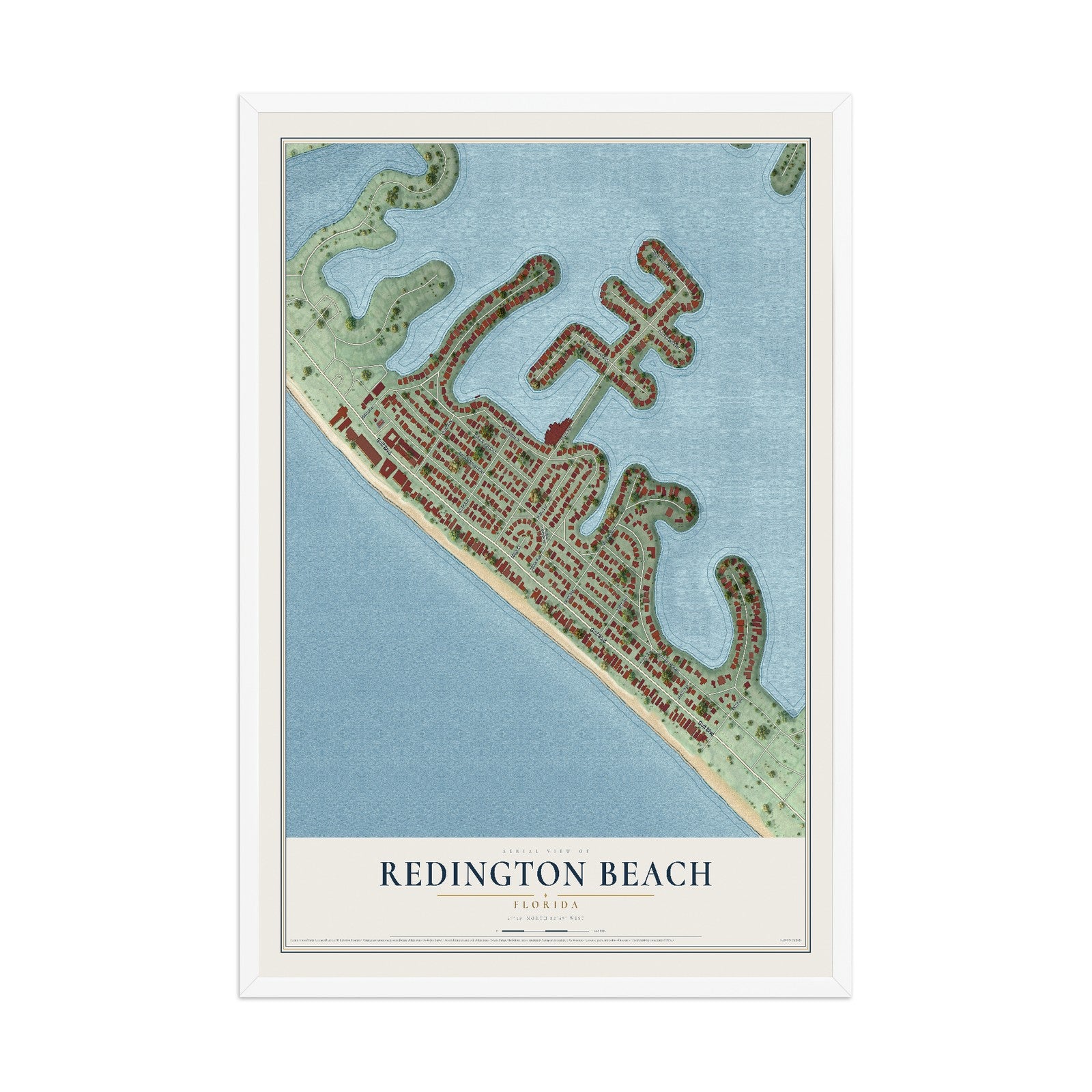 Redington Beach, Florida map print, 12" x 18" W/ White Ayous Wood Frame mockup