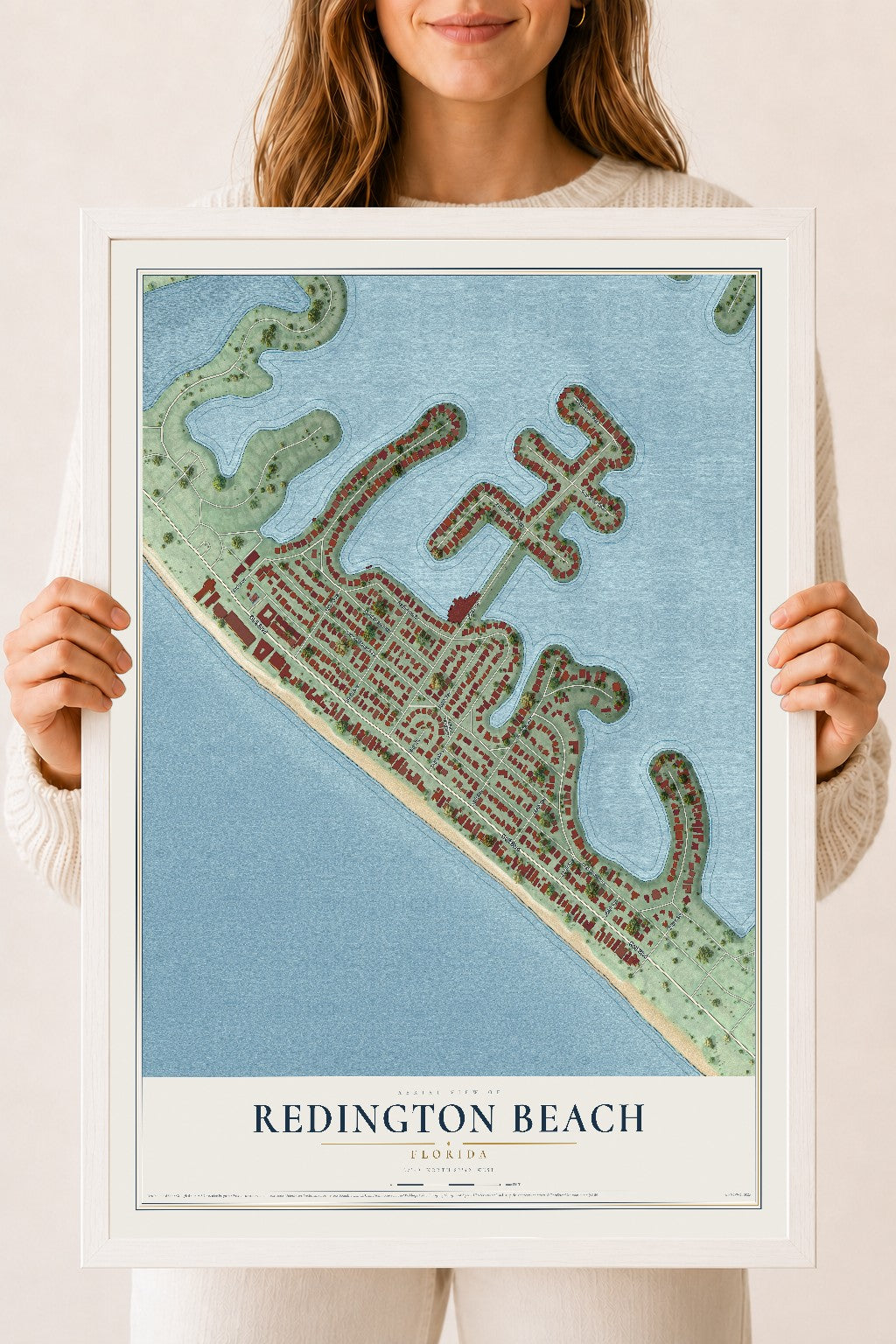 Redington Beach, Florida map print, 18" x 24" W/ White Ayous Wood Frame mockup
