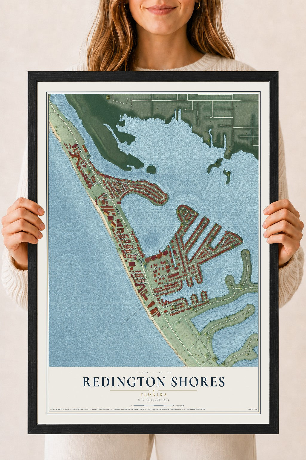 Redington Shores, Florida map print, 18" x 24" W/ Black Ayous Wood Frame mockup