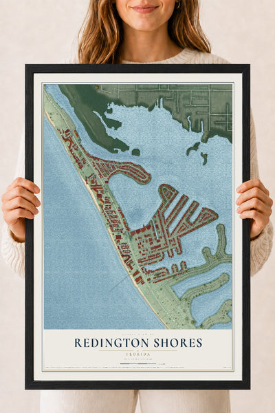 Redington Shores, Florida map print, 18" x 24" W/ Black Ayous Wood Frame mockup