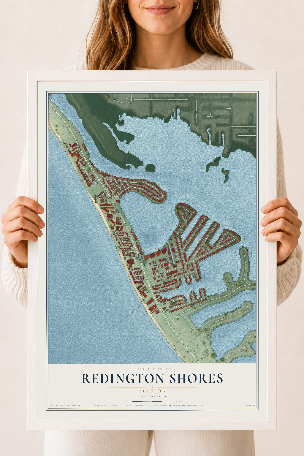 Redington Shores, Florida map print, 18" x 24" W/ White Ayous Wood Frame mockup