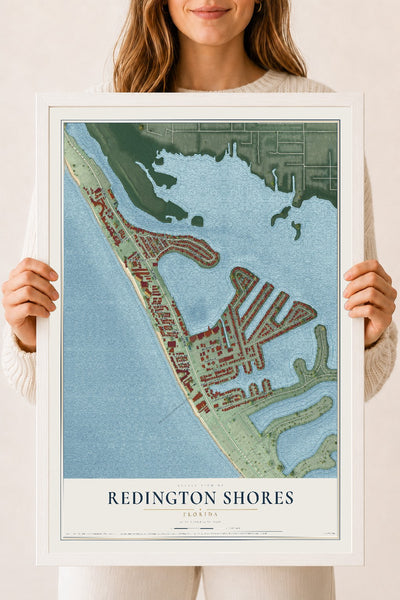 Redington Shores, Florida map print, 18" x 24" W/ White Ayous Wood Frame mockup