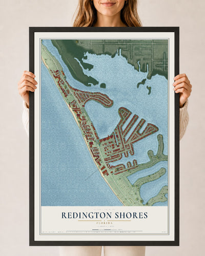 Redington Shores, Florida map print, 24" x 36" W/ Black Ayous Wood Frame mockup