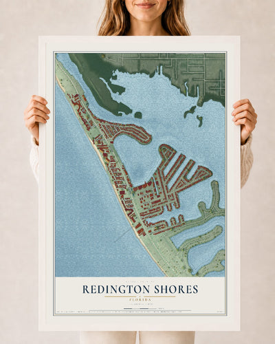 Redington Shores, Florida map print, 24" x 36" W/ White Ayous Wood Frame mockup