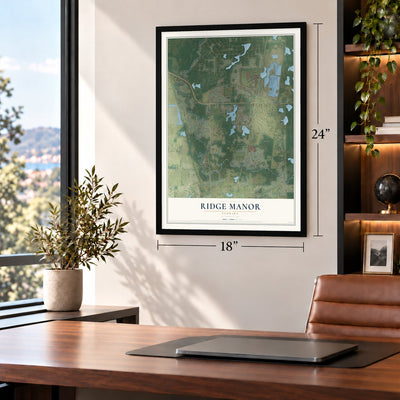 Ridge Manor, Florida map, 18 x 24 inch print in a black frame in a home office