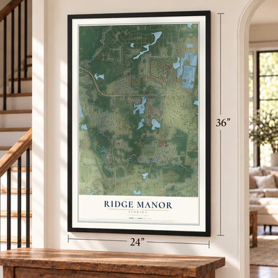 Ridge Manor, Florida map, 24 x 36 inch print in a black frame by a staircase