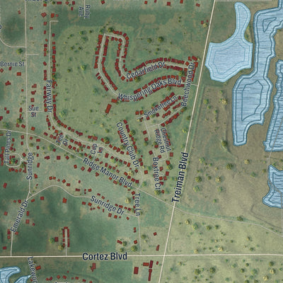 Close-up of the map of Ridge Manor, Florida print showing street and building detail