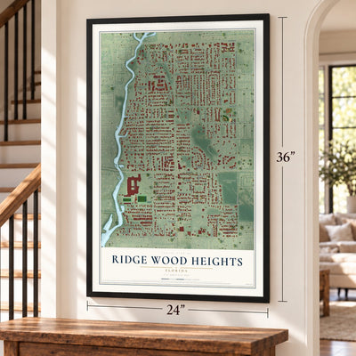 Ridge Wood Heights, Florida map, 24 x 36 inch print in a black frame by a staircase
