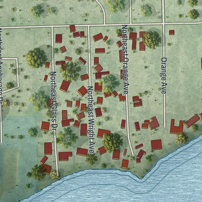 Close-up of the map of Rio, Florida print showing street and building detail