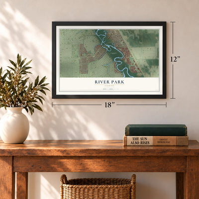 River Park, Florida map, 12 x 18 inch print in a black frame in an entryway