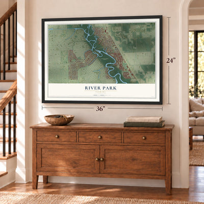 River Park, Florida map, 24 x 36 inch print in a black frame above a dresser by a staircase