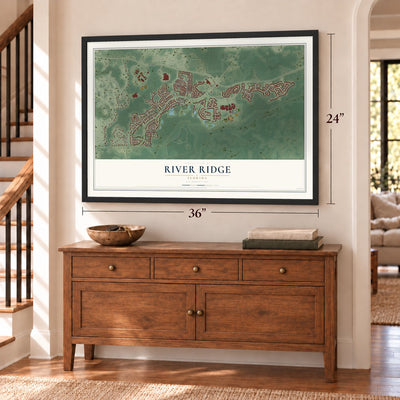 River Ridge, Florida map, 24 x 36 inch print in a black frame above a dresser by a staircase