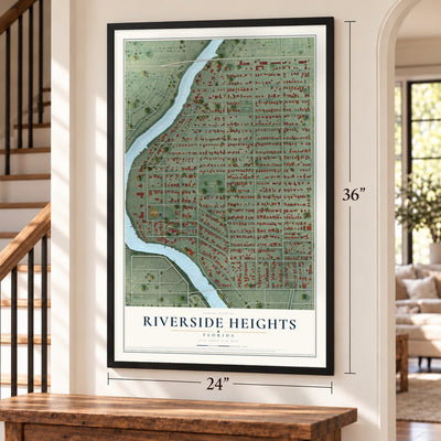 Riverside Heights, Florida map, 24 x 36 inch print in a black frame by a staircase
