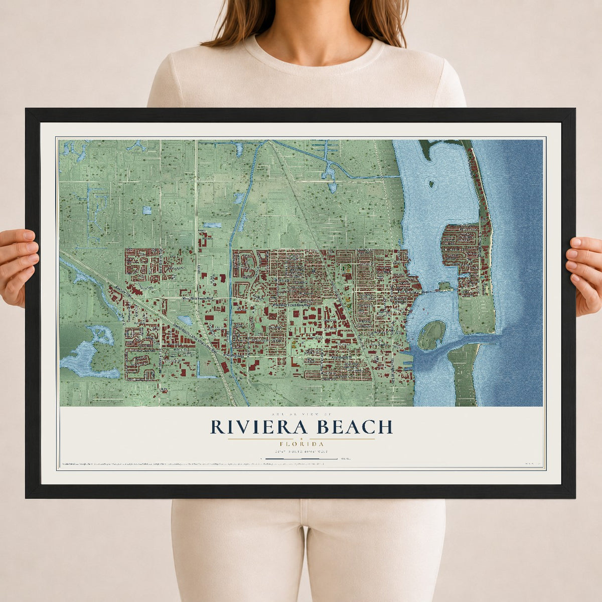 Riviera Beach, Florida map print, 18" x 24" W/ Black Ayous Wood Frame mockup