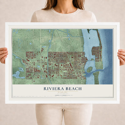 Riviera Beach, Florida map print, 18" x 24" W/ White Ayous Wood Frame mockup