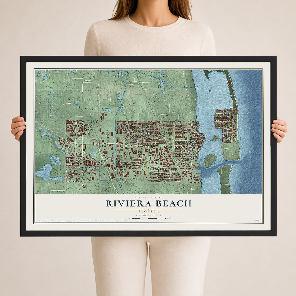 Riviera Beach, Florida map print, 24" x 36" W/ Black Ayous Wood Frame mockup