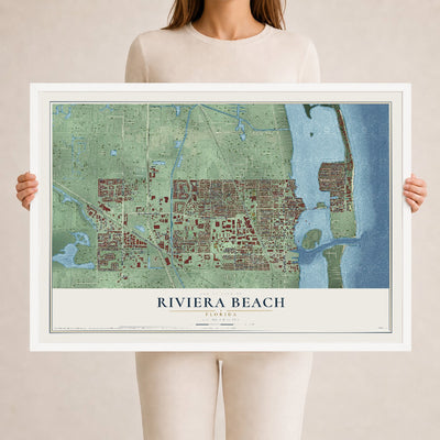 Riviera Beach, Florida map print, 24" x 36" W/ White Ayous Wood Frame mockup