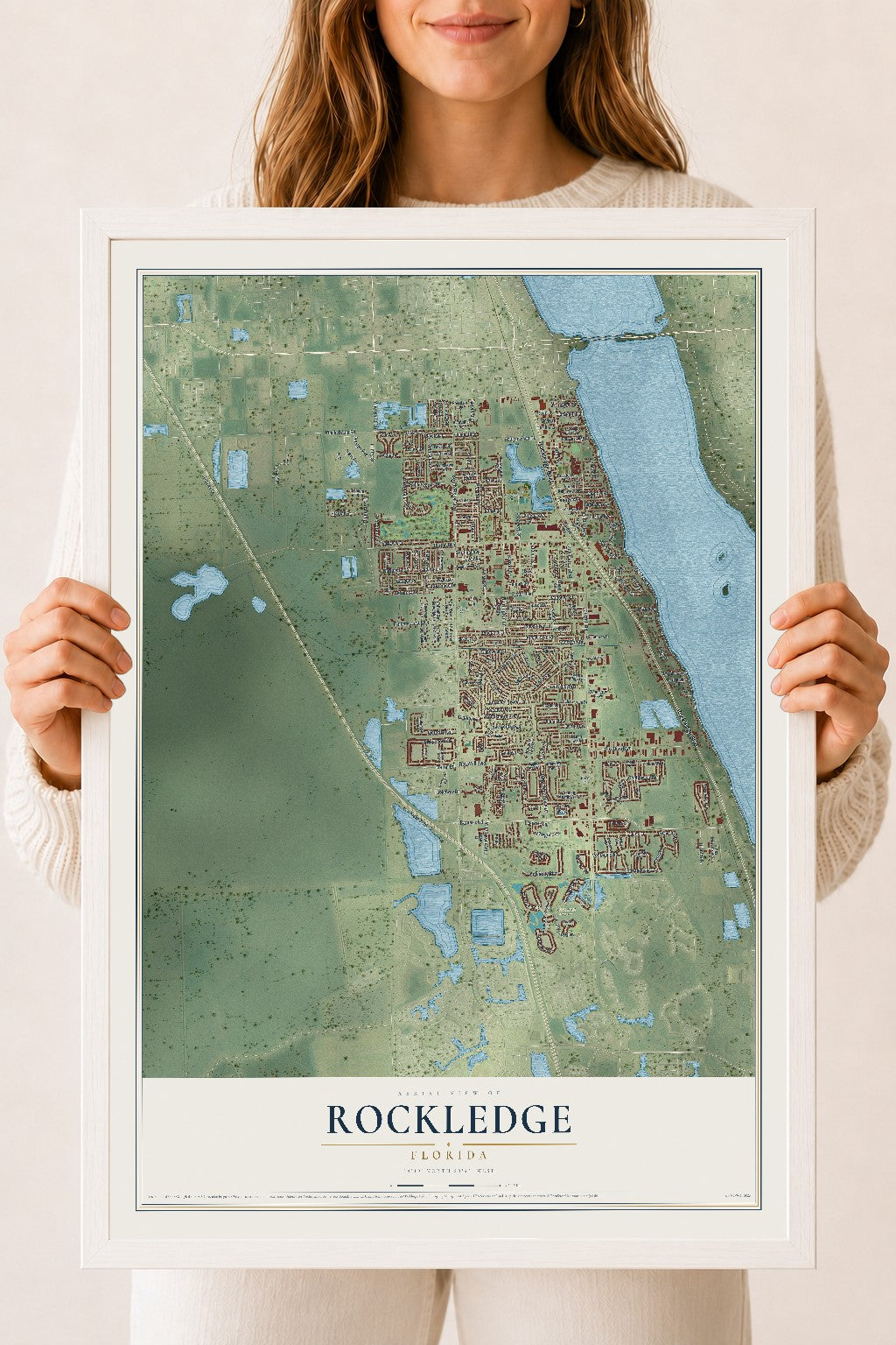 Rockledge, Florida map print, 18" x 24" W/ White Ayous Wood Frame mockup