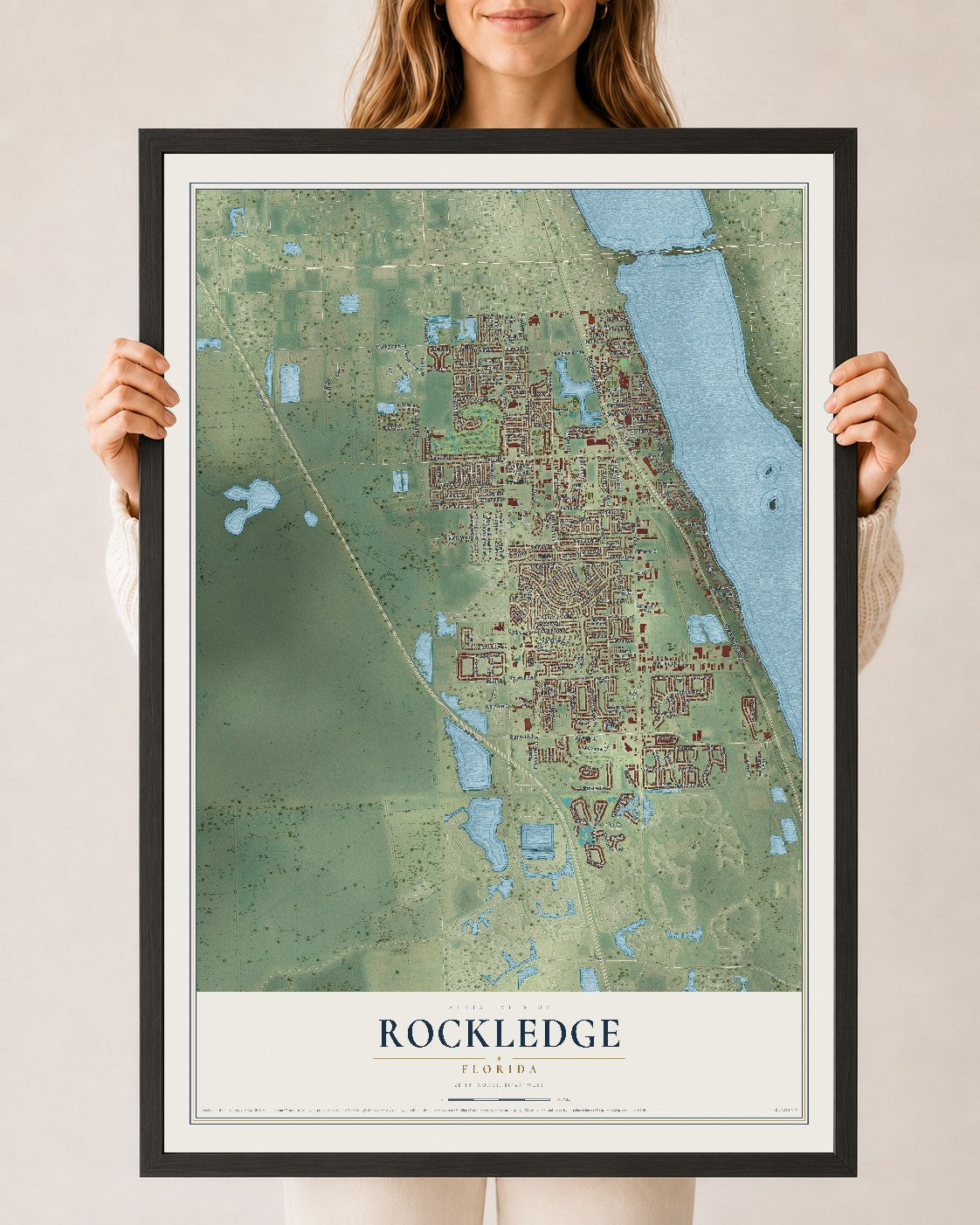 Rockledge, Florida map print, 24" x 36" W/ Black Ayous Wood Frame mockup