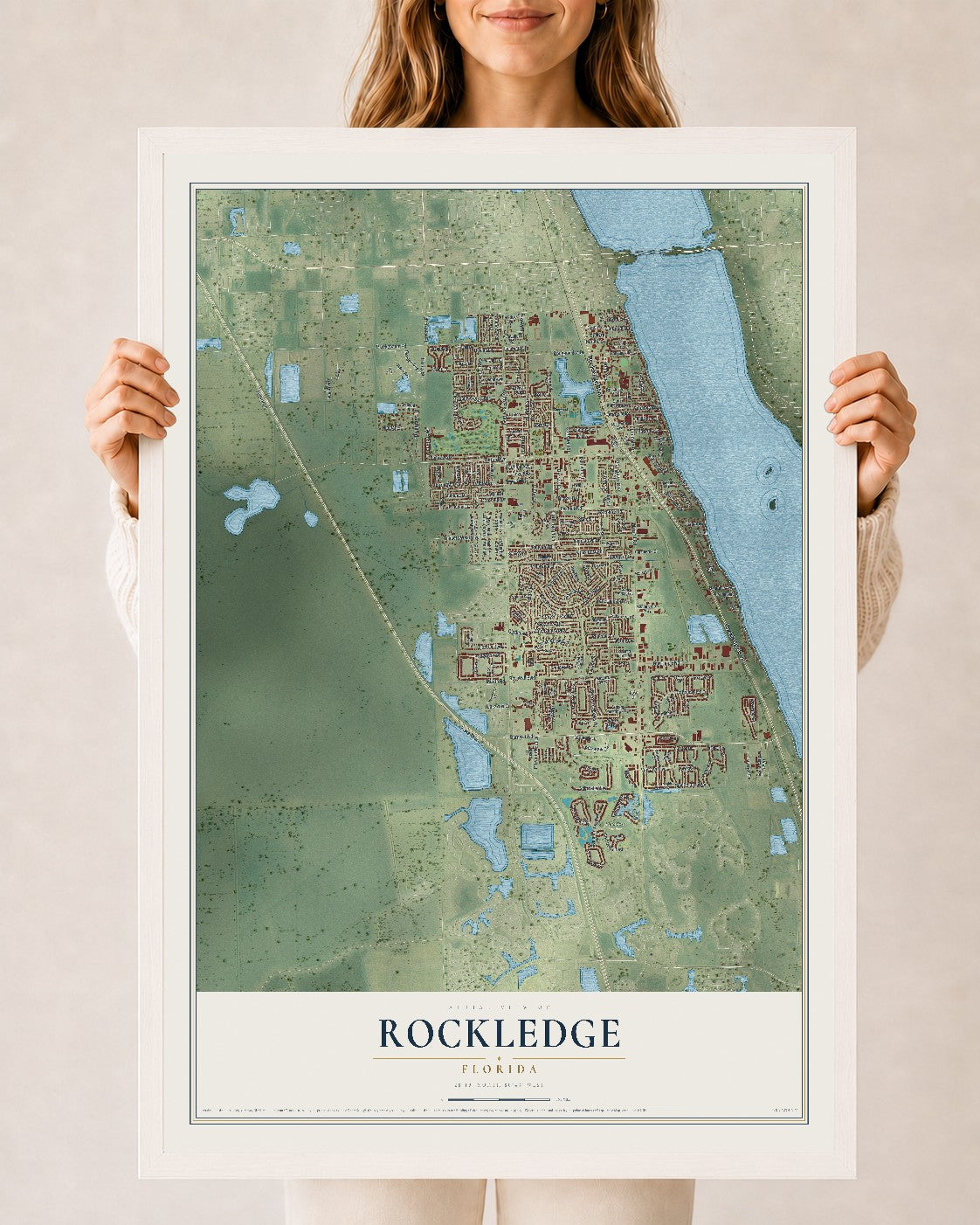 Rockledge, Florida map print, 24" x 36" W/ White Ayous Wood Frame mockup