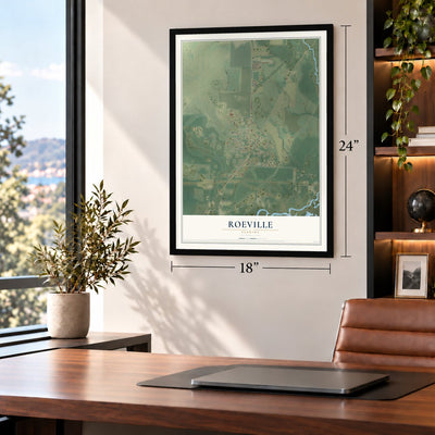 Roeville, Florida map, 18 x 24 inch print in a black frame in a home office