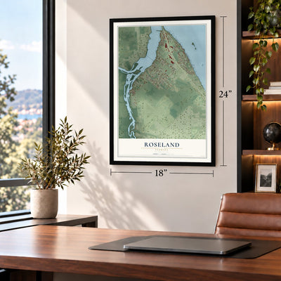 Roseland, Florida map, 18 x 24 inch print in a black frame in a home office
