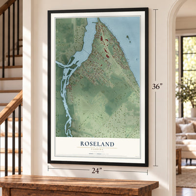 Roseland, Florida map, 24 x 36 inch print in a black frame by a staircase