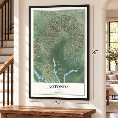 Rotonda, Florida map, 24 x 36 inch print in a black frame by a staircase