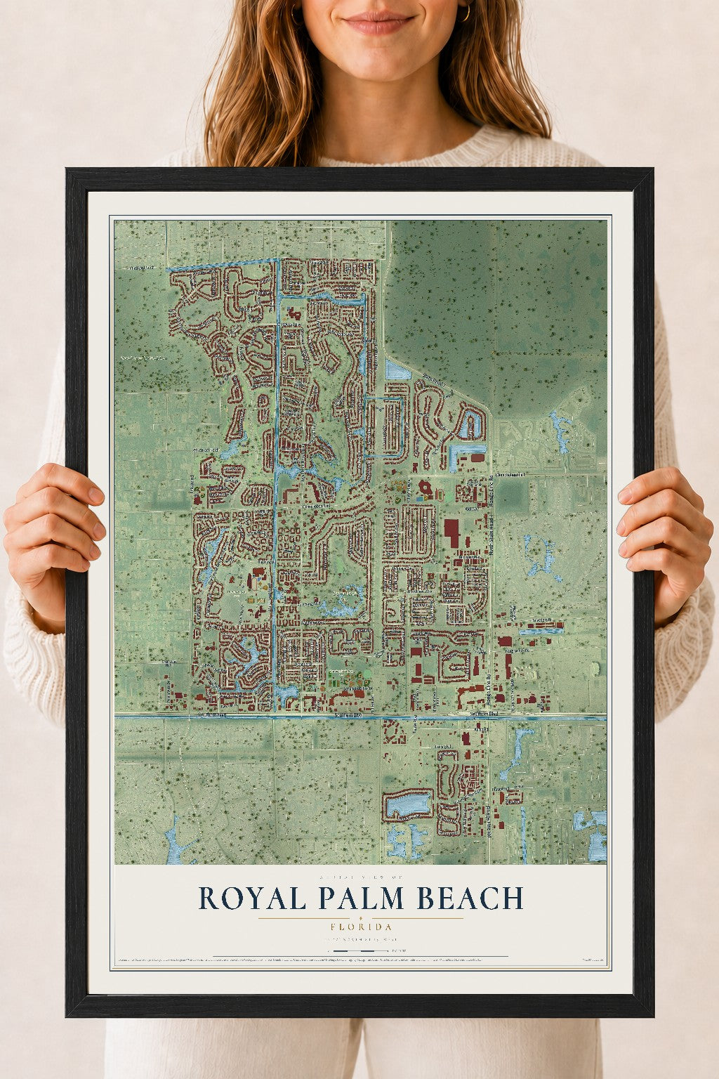 Royal Palm Beach, Florida map print, 18" x 24" W/ Black Ayous Wood Frame mockup