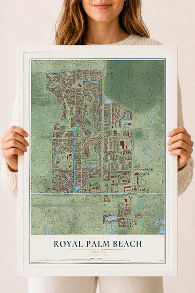 Royal Palm Beach, Florida map print, 18" x 24" W/ White Ayous Wood Frame mockup