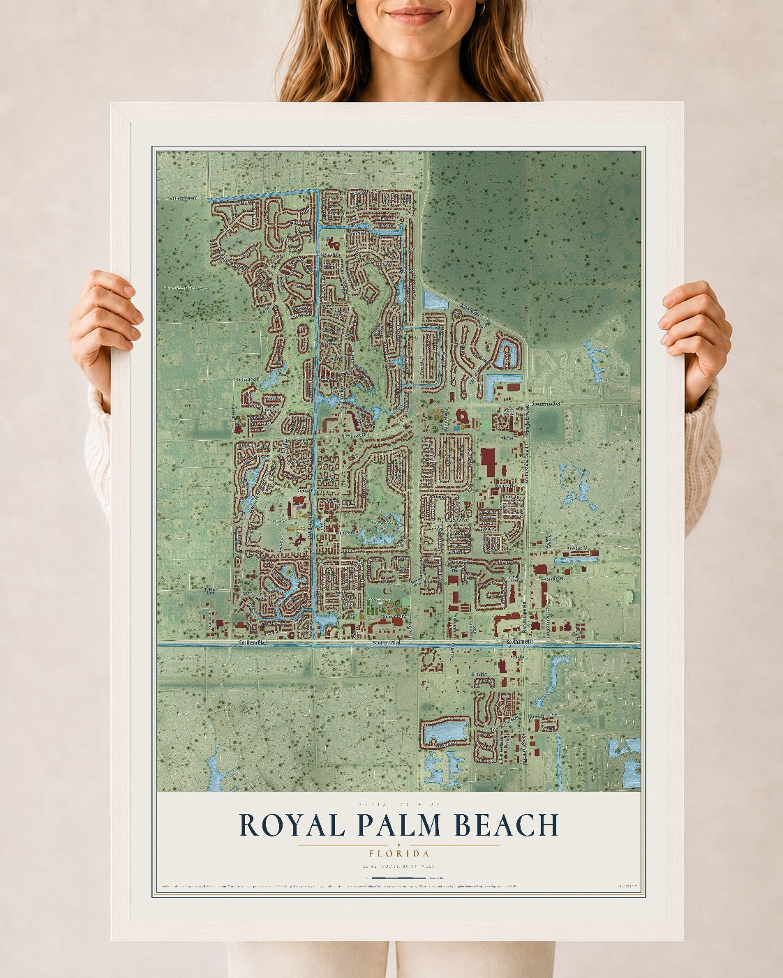 Royal Palm Beach, Florida map print, 24" x 36" W/ White Ayous Wood Frame mockup